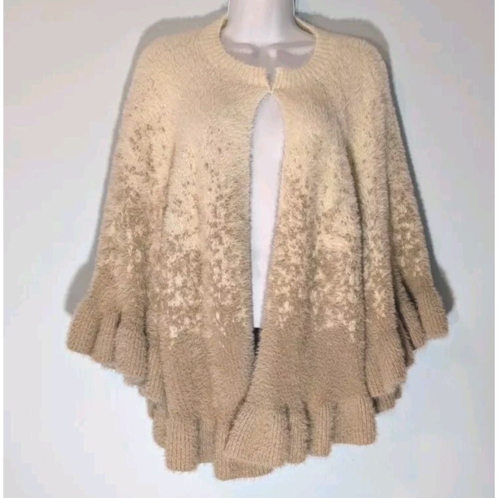 Calligraphie Fuzzy Cape Style Sweater Womens Large Ruffle Edge Ombre Beige Brown